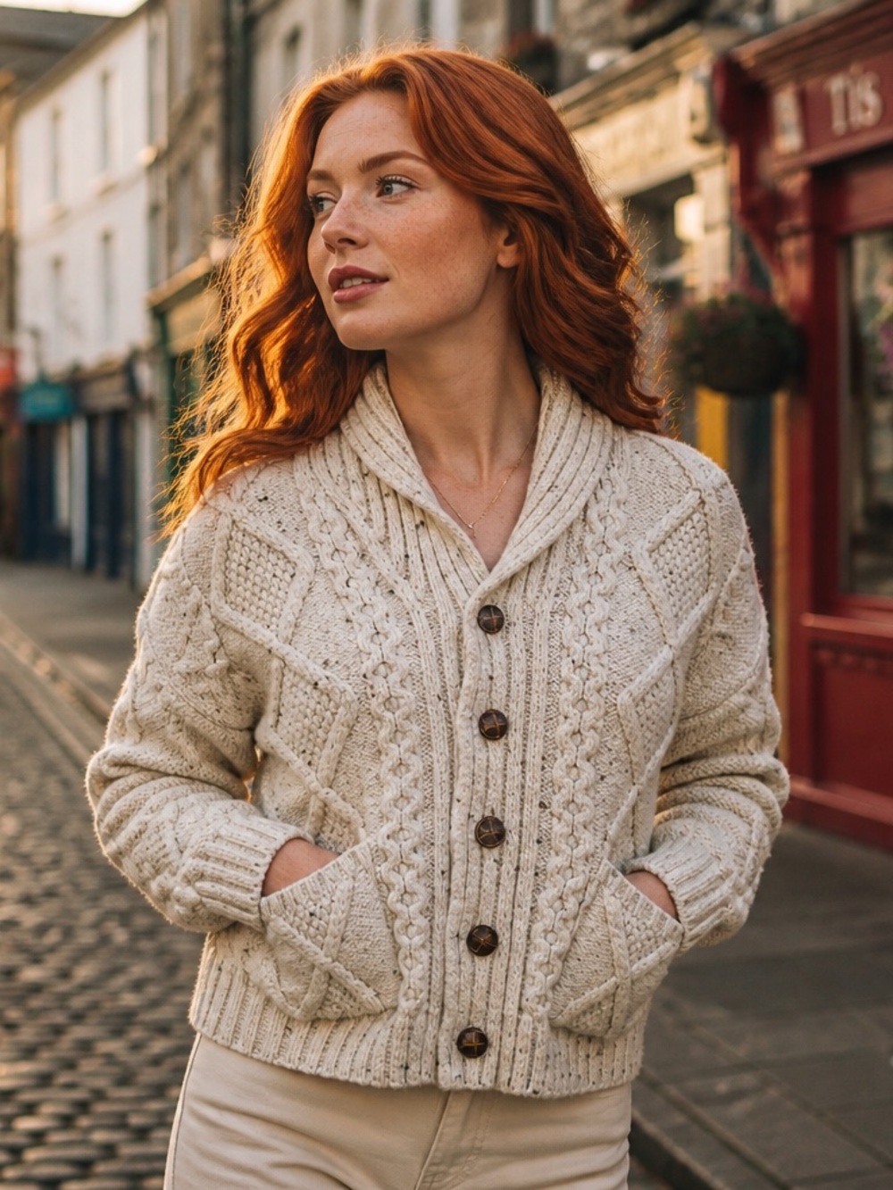 Aran Crafts Beige Speckle Cable Knit Shawl Collar Button Cardigan Sweater M